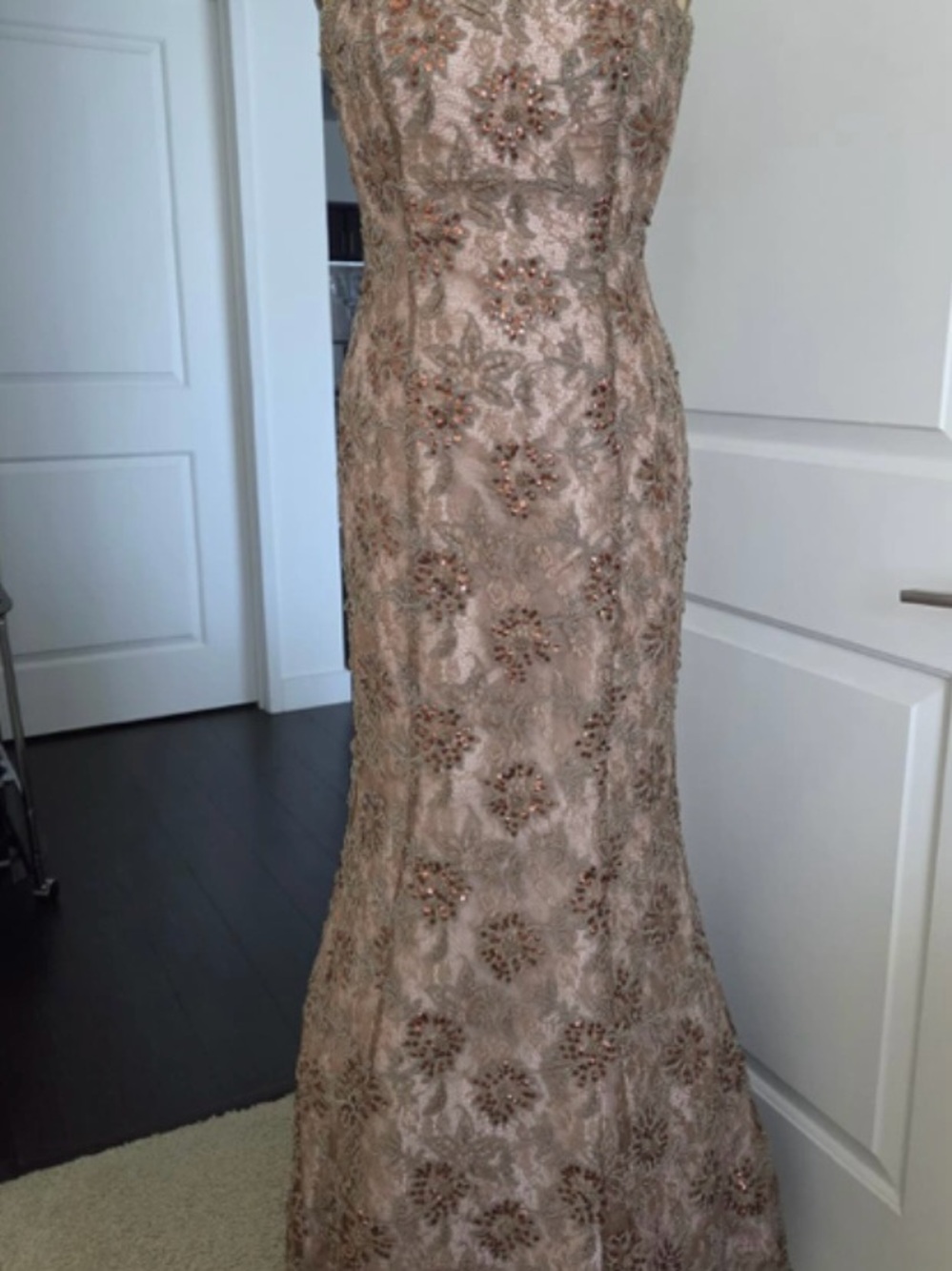 Jovani Taupe Lace Strapless Gown with Rose Gold Sequin Details
